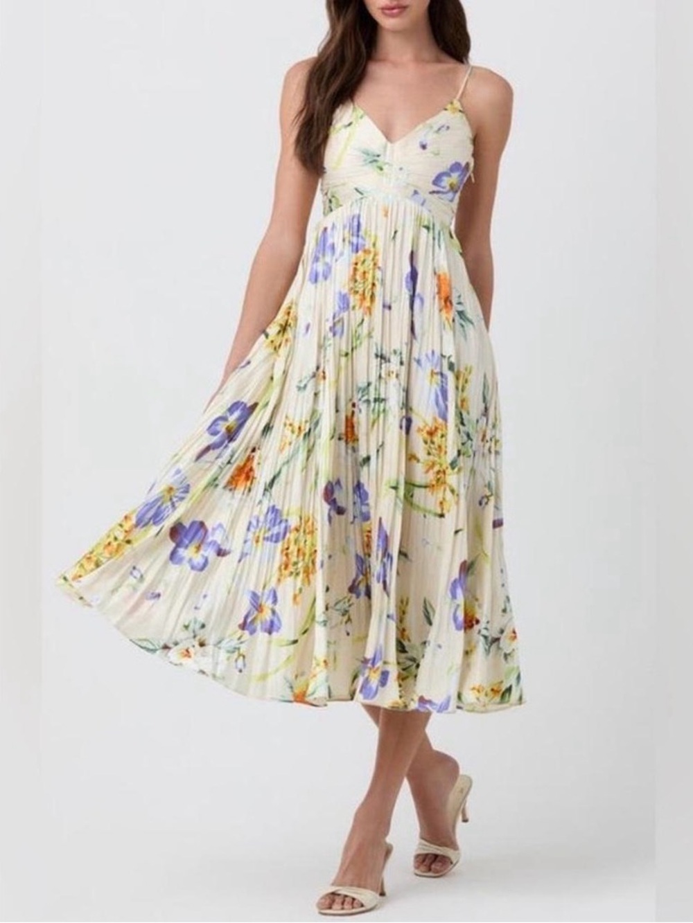 ASTR The Label "Maeve" Pleated Midi Dress In Cream/Blue Floral, Size M, EUC